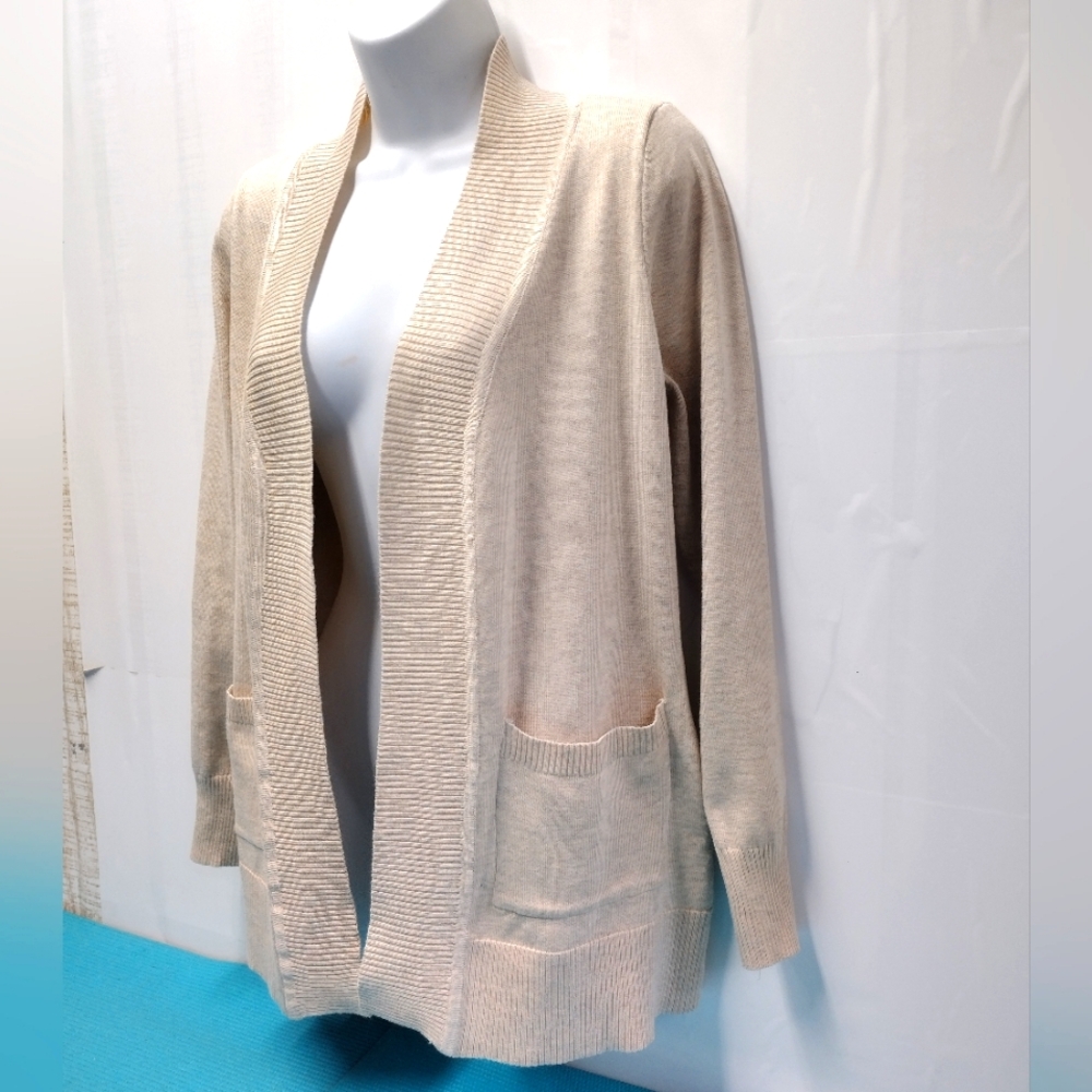 NWT Seven Manor Cardigan Sweater Open Front Ribbed Trim Oatmeal Size M